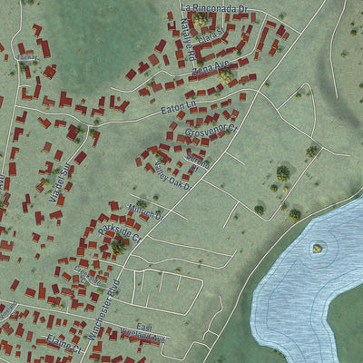 Second close-up of the map of Monte Sereno, California print showing more streets and buildings
