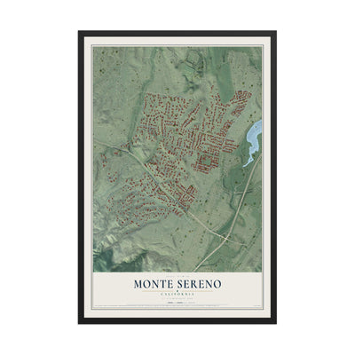 Map of Monte Sereno, California, 12 x 18 inch print in a black wood frame