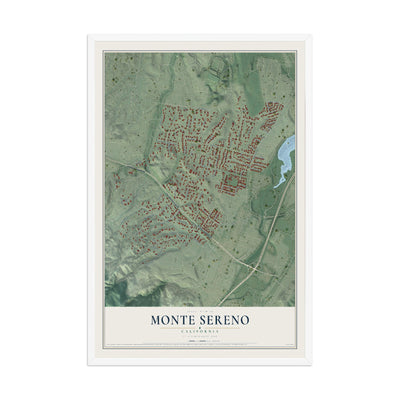 Map of Monte Sereno, California, 12 x 18 inch print in a white wood frame
