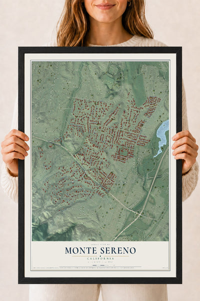 Map of Monte Sereno, California, 18 x 24 inch print in a black wood frame