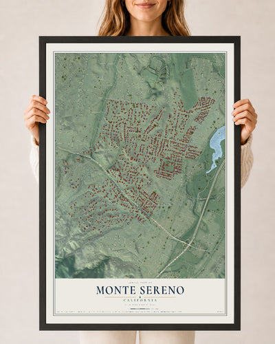 Map of Monte Sereno, California, 24 x 36 inch print in a black wood frame