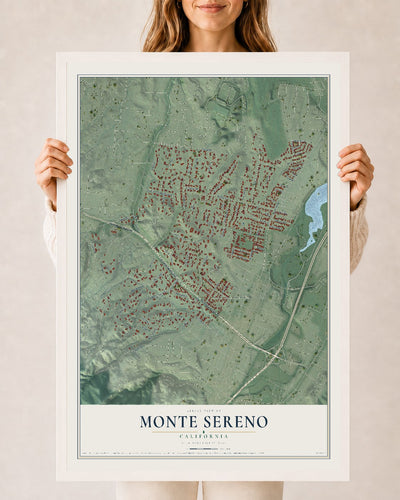 Map of Monte Sereno, California, 24 x 36 inch print in a white wood frame