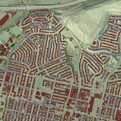 Close-up of the map of Montebello, California print showing street and building detail