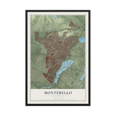 Map of Montebello, California, 12 x 18 inch print in a black wood frame
