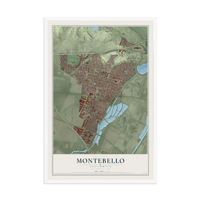 Map of Montebello, California, 12 x 18 inch print in a white wood frame