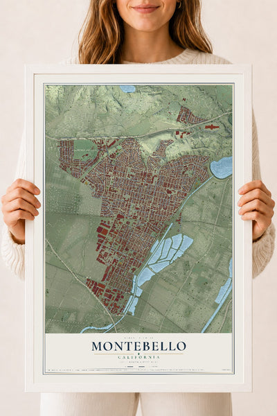 Map of Montebello, California, 18 x 24 inch print in a white wood frame