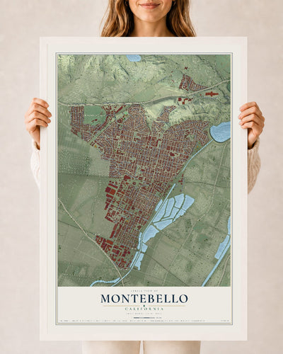 Map of Montebello, California, 24 x 36 inch print in a white wood frame