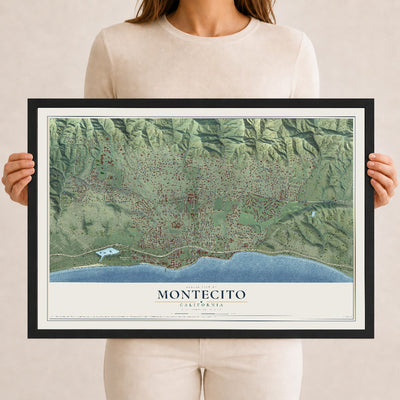 Map of Montecito, California, 12 x 18 inch print in a black wood frame