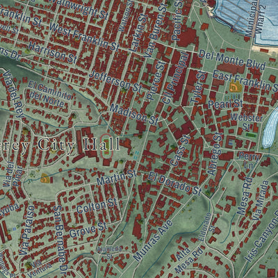 Close-up of the map of Monterey, California print showing street and building detail