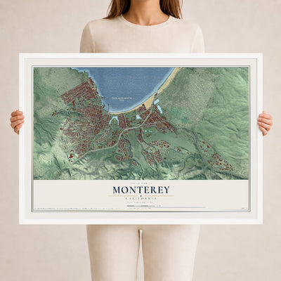 Map of Monterey, California, 24 x 36 inch print in a white wood frame