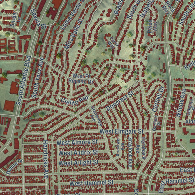 Close-up of the map of Monterey Park, California print showing street and building detail