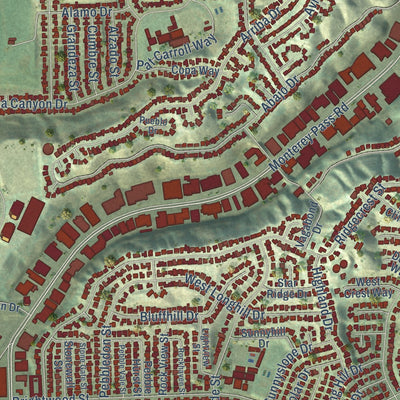 Second close-up of the map of Monterey Park, California print showing more streets and buildings