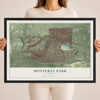Map of Monterey Park, California, 18 x 24 inch print in a black wood frame