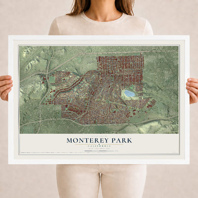 Map of Monterey Park, California, 18 x 24 inch print in a white wood frame