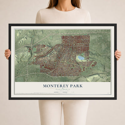 Map of Monterey Park, California, 24 x 36 inch print in a black wood frame