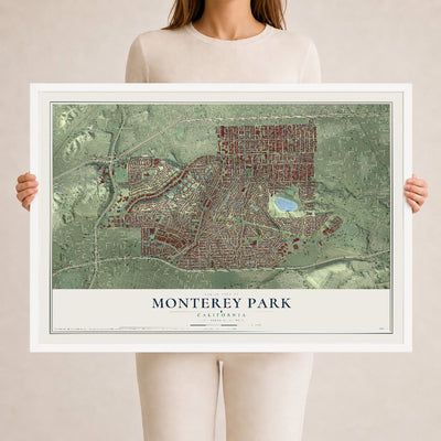 Map of Monterey Park, California, 24 x 36 inch print in a white wood frame