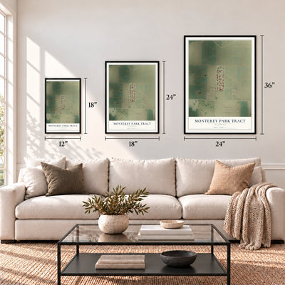 Monterey Park Tract, California map in 12 x 18, 18 x 24 and 24 x 36 inch sizes above a sofa