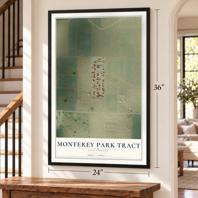 Monterey Park Tract, California map, 24 x 36 inch print in a black frame by a staircase