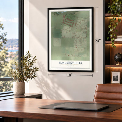 Monument Hills, California map, 18 x 24 inch print in a black frame in a home office