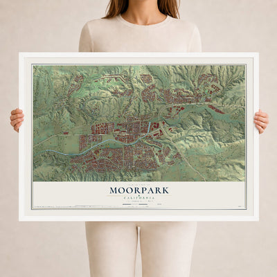 Map of Moorpark, California, 24 x 36 inch print in a white wood frame