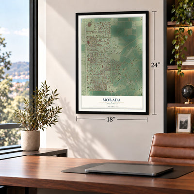 Morada, California map, 18 x 24 inch print in a black frame in a home office