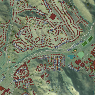 Second close-up of the map of Moraga, California print showing more streets and buildings