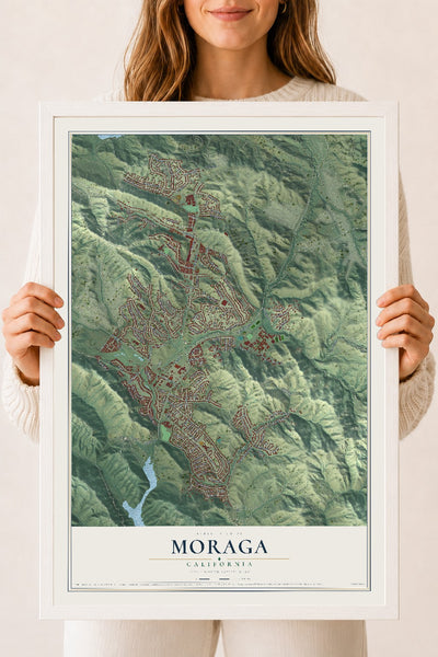 Map of Moraga, California, 18 x 24 inch print in a white wood frame