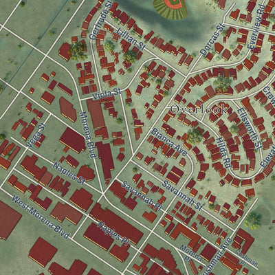 Close-up of the map of Morena, California print showing street and building detail