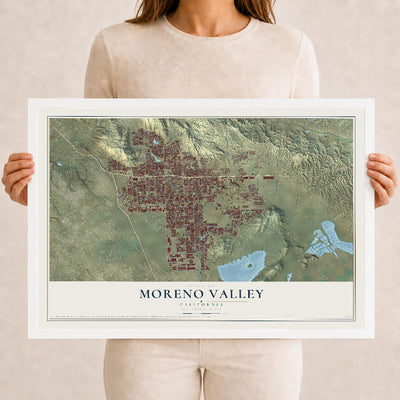 Map of Moreno Valley, California, 12 x 18 inch print in a white wood frame