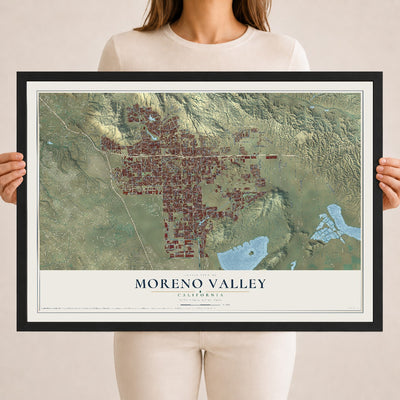 Map of Moreno Valley, California, 18 x 24 inch print in a black wood frame