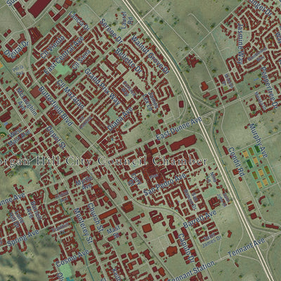 Close-up of the map of Morgan Hill, California print showing street and building detail