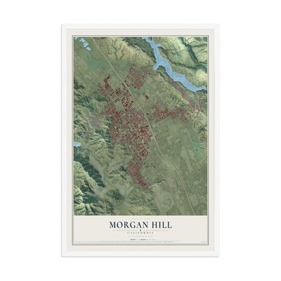 Map of Morgan Hill, California, 12 x 18 inch print in a white wood frame