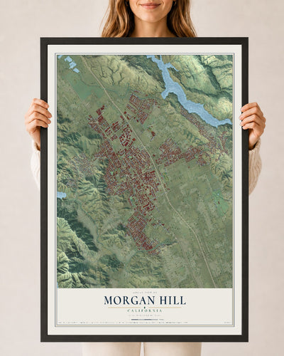 Map of Morgan Hill, California, 24 x 36 inch print in a black wood frame