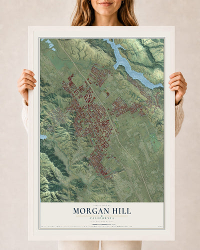 Map of Morgan Hill, California, 24 x 36 inch print in a white wood frame