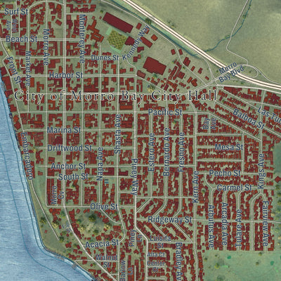 Close-up of the map of Morro Bay, California print showing street and building detail