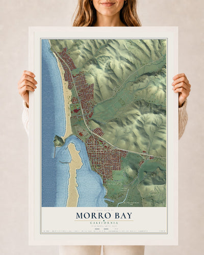 Map of Morro Bay, California, 24 x 36 inch print in a white wood frame