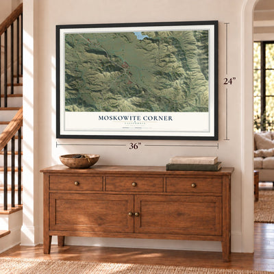 Moskowite Corner, California map, 24 x 36 inch print in a black frame above a dresser by a staircase