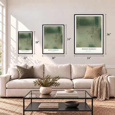 Mount Hebron, California map in 12 x 18, 18 x 24 and 24 x 36 inch sizes above a sofa