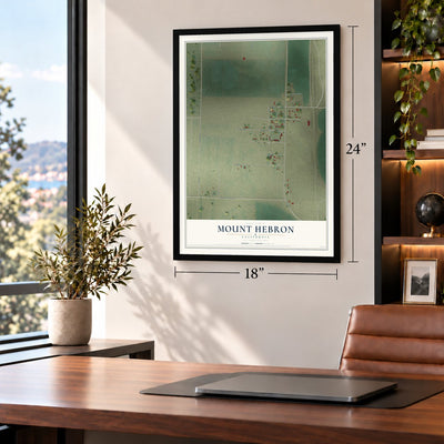 Mount Hebron, California map, 18 x 24 inch print in a black frame in a home office