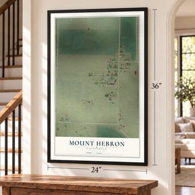 Mount Hebron, California map, 24 x 36 inch print in a black frame by a staircase