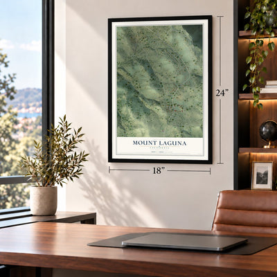 Mount Laguna, California map, 18 x 24 inch print in a black frame in a home office