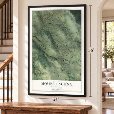 Mount Laguna, California map, 24 x 36 inch print in a black frame by a staircase