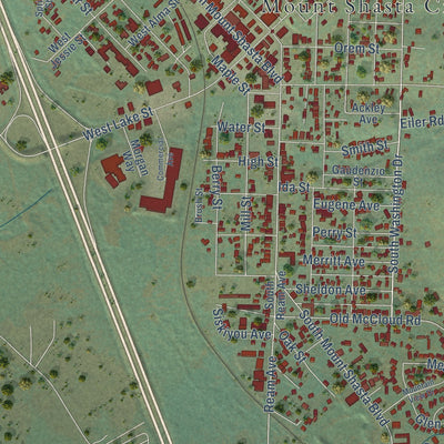 Close-up of the map of Mount Shasta, California print showing street and building detail