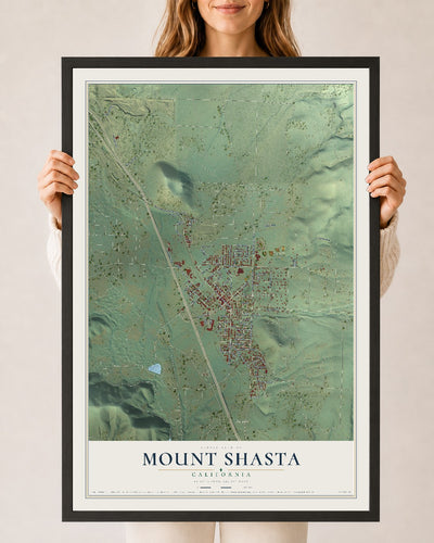 Map of Mount Shasta, California, 24 x 36 inch print in a black wood frame