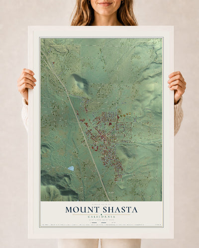 Map of Mount Shasta, California, 24 x 36 inch print in a white wood frame
