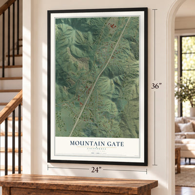 Mountain Gate, California map, 24 x 36 inch print in a black frame by a staircase