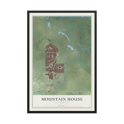 Map of Mountain House, California, 12 x 18 inch print in a black wood frame