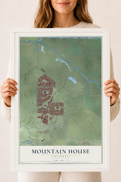 Map of Mountain House, California, 18 x 24 inch print in a white wood frame