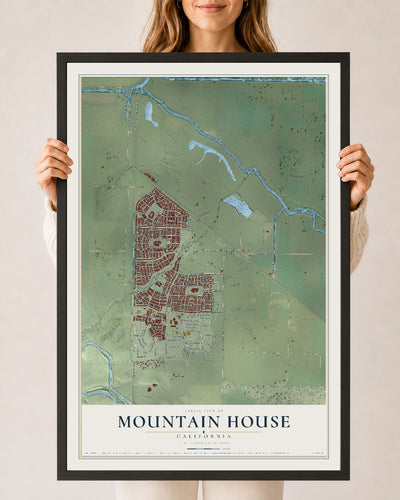 Map of Mountain House, California, 24 x 36 inch print in a black wood frame