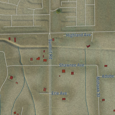 Close-up of the map of Mountain Meadows, California print showing street and building detail